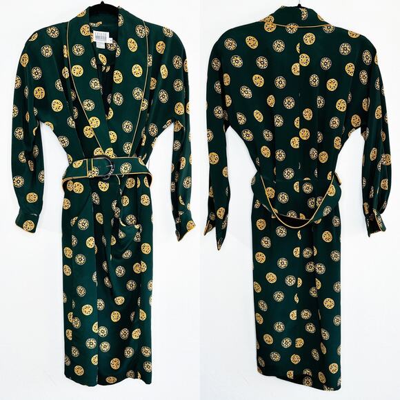 Leslie Fay Dresses & Skirts - Vintage Leslie Fay Long Sleeve Printed Belted Faux Wrap Midi Dress 4 Petite